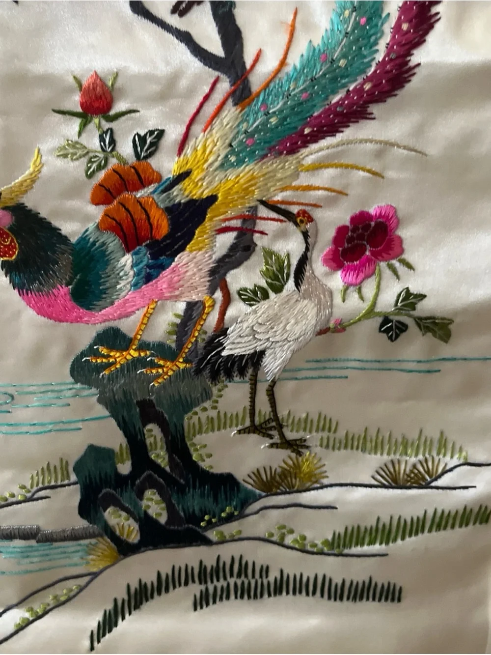 Asian Silk Embroidered Phoenix Wall Hanging - Multicolor vintage